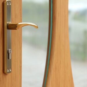 Closeup of hardware on a wooden door