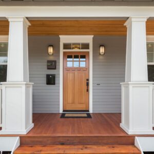 Wooden door on a porch entry area